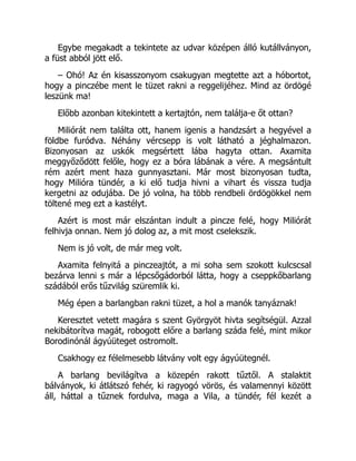 Egybe megakadt a tekintete az udvar középen álló kutállványon,
a füst abból jött elő.
– Ohó! Az én kisasszonyom csakugyan megtette azt a hóbortot,
hogy a pinczébe ment le tüzet rakni a reggelijéhez. Mind az ördögé
leszünk ma!
Előbb azonban kitekintett a kertajtón, nem találja-e őt ottan?
Miliórát nem találta ott, hanem igenis a handzsárt a hegyével a
földbe furódva. Néhány vércsepp is volt látható a jéghalmazon.
Bizonyosan az uskók megsértett lába hagyta ottan. Axamita
meggyőződött felőle, hogy ez a bóra lábának a vére. A megsántult
rém azért ment haza gunnyasztani. Már most bizonyosan tudta,
hogy Milióra tündér, a ki elő tudja hivni a vihart és vissza tudja
kergetni az odujába. De jó volna, ha több rendbeli ördögökkel nem
töltené meg ezt a kastélyt.
Azért is most már elszántan indult a pincze felé, hogy Miliórát
felhivja onnan. Nem jó dolog az, a mit most cselekszik.
Nem is jó volt, de már meg volt.
Axamita felnyitá a pinczeajtót, a mi soha sem szokott kulcscsal
bezárva lenni s már a lépcsőgádorból látta, hogy a cseppkőbarlang
szádából erős tűzvilág szüremlik ki.
Még épen a barlangban rakni tüzet, a hol a manók tanyáznak!
Keresztet vetett magára s szent Györgyöt hivta segítségül. Azzal
nekibátorítva magát, robogott előre a barlang száda felé, mint mikor
Borodinónál ágyúüteget ostromolt.
Csakhogy ez félelmesebb látvány volt egy ágyúütegnél.
A barlang bevilágítva a közepén rakott tűztől. A stalaktit
bálványok, ki átlátszó fehér, ki ragyogó vörös, és valamennyi között
áll, háttal a tűznek fordulva, maga a Vila, a tündér, fél kezét a
 