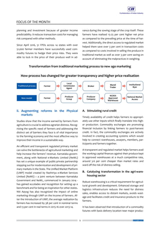 9
FOCUS OF THE MONTH
OCTOBER 2017
planning and investment because of greater income
predictability. It reduces transaction costs for managing
risk compared with other methods.
Since April 2016, 51 FPOs across 14 states with over
51,000 farmer members have successfully used com-
modity futures to hedge their price risks. They were
able to lock in the price of their produce well in ad-
ii.	Augmenting reforms in the Physical
markets
Studies show that the income earned by farmers from
agriculture is crucial to address agrarian distress. Recog-
nizing the specific need of farmers and addressing the
distinct set of barriers they face is of vital importance
to the farming economy and the most effective way to
improve their income in a sustainable way.
An efficient and transparent regulated primary market
can solve the bottlenecks of agricultural marketing and
help increase the farmers’ revenue. Karnataka govern-
ment, along with National e-Markets Limited (NeML)
has set a unique example of public-private partnership
stepping out for modernization and development of pri-
mary markets in the State. The Unified Market Platform
(UMP) model created by Rashtriya e-Market Services
Limited (ReMS) – a joint venture between Karnataka
Government and NeML, commenced in January 2014 -
has gained accolades and recognition for setting up a
benchmark and for being an inspiration for other states.
Niti Aayog has also recognized the impact of online
marketing through UMP on the income of farmers. Af-
ter the introduction of UMP, the average realization by
farmers has increased by 38 per cent in nominal terms
and 13 per cent in real terms in 2015-16 over 2013-14.
vance during the sowing stage of the crop itself. These
farmers have realised 15-25 per cent higher net price
as compared to the prevailing price at the time of har-
vest. Additionally, the direct access to regulated market
helped them save over 3 per cent in transaction costs
as compared to costs involved in selling the produce in
traditional market as well as over 3 per cent saving on
account of eliminating the malpractices in weighing.
A.	 Stimulating rural credit
Timely availability of credit helps farmers to appropri-
ately use other inputs which finally translate into high-
er production. Commodity exchanges are promoting
financial inclusion by linking farmers to post-harvest
credit. In fact, the commodity exchanges are actively
involved in creating accounting systems which would
help to connect warehouses, assayers, members, par-
ticipants and farmers together.
A transparent and regulated market helps farmers avail
the working capital finances against their produce kept
in approved warehouses at a much competitive rate,
around 3-6 per cent cheaper than market rates and
ward off the risk of distress selling.
B.	 Catalysing transformation in the agri-ware-
housing sector
Robust warehousing is a critical requirement for agricul-
tural growth and development. Enhanced storage and
logistics infrastructure reduces the need for distress
sales, enables access to distant markets, avoids wast-
age and facilitates credit and insurance products to the
farmers.
It has been observed that introduction of a commodity
futures with basis delivery location near major produc-
 