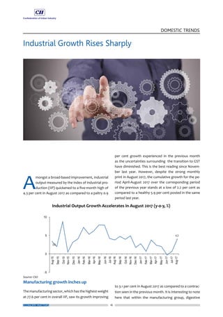 16
DOMESTIC TRENDS
ECONOMY MATTERS
A
mongst a broad-based improvement, industrial
output measured by the index of industrial pro-
duction (IIP) quickened to a five-month high of
4.3 per cent in August 2017 as compared to a paltry 0.9
Manufacturing growth inches up
The manufacturing sector, which has the highest weight
at 77.6 per cent in overall IIP, saw its growth improving
to 3.1 per cent in August 2017 as compared to a contrac-
tion seen in the previous month. It is interesting to note
here that within the manufacturing group, digestive
per cent growth experienced in the previous month
as the uncertainties surrounding the transition to GST
have diminished. This is the best reading since Novem-
ber last year. However, despite the strong monthly
print in August 2017, the cumulative growth for the pe-
riod April-August 2017 over the corresponding period
of the previous year stands at a low of 2.2 per cent as
compared to a healthy 5.9 per cent posted in the same
period last year.
Industrial Growth Rises Sharply
 