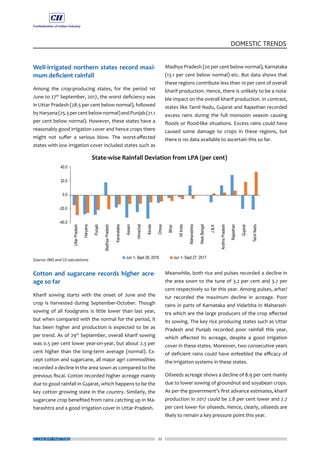 22
DOMESTIC TRENDS
ECONOMY MATTERS
Cotton and sugarcane records higher acre-
age so far
Kharif sowing starts with the onset of June and the
crop is harvested during September-October. Though
sowing of all foodgrains is little lower than last year,
but when compared with the normal for the period, it
has been higher and production is expected to be as
per trend. As of 29th
September, overall kharif sowing
was 0.5 per cent lower year-on-year, but about 2.3 per
cent higher than the long-term average (normal). Ex-
cept cotton and sugarcane, all major agri commodities
recorded a decline in the area sown as compared to the
previous fiscal. Cotton recorded higher acreage mainly
due to good rainfall in Gujarat, which happens to be the
key cotton growing state in the country. Similarly, the
sugarcane crop benefited from rains catching up in Ma-
harashtra and a good irrigation cover in Uttar Pradesh.
Well-irrigated northern states record maxi-
mum deficient rainfall
Among the crop-producing states, for the period 1st
June to 27th
September, 2017, the worst deficiency was
in Uttar Pradesh (28.5 per cent below normal), followed
byHaryana(25.3percentbelownormal)andPunjab(21.1
per cent below normal). However, these states have a
reasonably good irrigation cover and hence crops there
might not suffer a serious blow. The worst-affected
states with low irrigation cover included states such as
Meanwhile, both rice and pulses recorded a decline in
the area sown to the tune of 3.2 per cent and 3.7 per
cent respectively so far this year. Among pulses, arhar/
tur recorded the maximum decline in acreage. Poor
rains in parts of Karnataka and Vidarbha in Maharash-
tra which are the large producers of the crop affected
its sowing. The key rice producing states such as Uttar
Pradesh and Punjab recorded poor rainfall this year,
which affected its acreage, despite a good irrigation
cover in these states. Moreover, two consecutive years
of deficient rains could have enfeebled the efficacy of
the irrigation systems in these states.
Oilseeds acreage shows a decline of 8.9 per cent mainly
due to lower sowing of groundnut and soyabean crops.
As per the government’s first advance estimates, kharif
production in 2017 could be 2.8 per cent lower and 7.7
per cent lower for oilseeds. Hence, clearly, oilseeds are
likely to remain a key pressure point this year.
Madhya Pradesh (20 per cent below normal), Karnataka
(13.1 per cent below normal) etc. But data shows that
these regions contribute less than 10 per cent of overall
kharif production. Hence, there is unlikely to be a nota-
ble impact on the overall kharif production. In contrast,
states like Tamil Nadu, Gujarat and Rajasthan recorded
excess rains during the full monsoon season causing
floods or flood-like situations. Excess rains could have
caused some damage to crops in these regions, but
there is no data available to ascertain this so far.
 