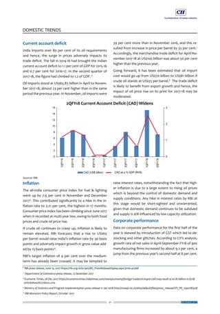 21
DOMESTIC TRENDS
DECEMBER 2017
Current account deficit
India imports over 80 per cent of its oil requirements
and hence, the surge in prices adversely impacts its
trade deficit. The fall in 2014-16 had brought the Indian
current account deficit to 1.1 per cent of GDP for 2015-16
and 0.7 per cent for 2016-17. In the second quarter of
2017-18, the figure had climbed to 1.2 of GDP. 6
Oil imports stood at US$65.83 billion in April to Novem-
ber 2017-18, almost 23 per cent higher than in the same
period the previous year. In November, oil imports were
Inflation
The all-India consumer price index for fuel & lighting
went up by 7.9 per cent in November and December
20179
. This contributed significantly to a hike in the in-
flation rate to 5.21 per cent, the highest in 17 months.
Consumer price index has been climbing since June 2017
when it recorded at multi-year low, owing to both food
prices and crude oil price rise.
If crude oil continues to creep up, inflation is likely to
remain elevated. RBI forecasts that a rise to US$65
per barrel would raise India’s inflation rate by 30 basis
points and adversely impact growth in gross value add-
ed by 15 basis points10
.
RBI’s target inflation of 4 per cent over the medium-
term has already been crossed. It may be tempted to
39 per cent more than in November 2016, and this re-
sulted from increase in price per barrel by 35 per cent.7
Accordingly, the merchandise trade deficit for April-No-
vember 2017-18 at US$100 billion was about 50 per cent
higher than the previous year.
Going forward, it has been estimated that oil import
cost would go up from US$70 billion to US$81 billion if
crude oil stands at US$55 per barrel.8
The trade deficit
is likely to benefit from export growth and hence, the
impact of oil price rise on its print for 2017-18 may be
moderated.
raise interest rates, notwithstanding the fact that high-
er inflation is due to a large extent to rising oil prices
which is beyond the control of domestic demand and
supply conditions. Any hike in interest rates by RBI at
this stage would be short-sighted and unwarranted,
given that domestic demand continues to be subdued
and supply is still influenced by low capacity utilization.
Corporate performance
Data on corporate performance for the first half of the
year is skewed by introduction of GST which led to de-
stocking and other glitches. According to CII’s analysis,
growth rate of net sales in April-September FY18 of 900
manufacturing firms increased by about 9.2 per cent, a
jump from the previous year’s second half at 8 per cent.
6
RBI press release, June 15, 2017 https://rbi.org.in/Scripts/BS_PressReleaseDisplay.aspx?prid=40768
7
Department of Commerce press release, 15 December 2017
8
Economic Times, 28 Dec 2017 https://economictimes.indiatimes.com/news/economy/foreign-trade/oil-import-bill-may-swell-15-to-81-billion-in-fy18/
articleshow/62276002.cms
9
Ministry of Statistics and Program Implementation press release 12 Jan 2018 http://mospi.nic.in/sites/default/files/press_release/CPI_PR_12jan18f.pdf
10
RBI Monetary Policy Report, October 2017
 