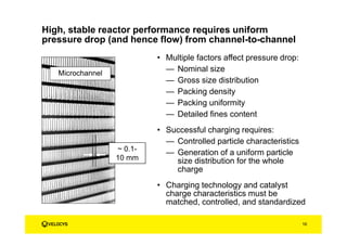 High, stable reactor performance requires uniform
pressure drop (and hence flow) from channel-to-channel
• Multiple factors affect pressure drop:
— Nominal size
— Gross size distribution
— Packing density
— Packing uniformity
— Detailed fines content
• Successful charging requires:
— Controlled particle characteristics
— Generation of a uniform particle
size distribution for the whole
charge
• Charging technology and catalyst
charge characteristics must be
matched, controlled, and standardized
~ 0.1-
10 mm
Microchannel
16
 