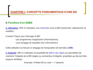 CHAPITRE I: CONCEPTS FONDAMENTAUX D’UNE BD
II. Fonctions d’un SGBD
2. Utilisation: offrir à l’utilisateur une interaction avec la BD (rechercher, sélectionner et
modifier) .
Il existe 2 façon pour interroger la BD:
- par programmes d’application (informaticiens)
- avec langage de requêtes (non informaticien)
Cette utilisation se fait par un langage de manipulation de données (LMD)
3. Intégrité: offrir à l’utilisateur la possibilité de définir des règles qui permettent de
maintenir l’intégrité de la BD (règles ou contraintes d’intégrité: propriétés qui devront être
toujours vérifiées).
Exemple: 0<Note<20 ou note = -1 (absent)
 