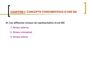 CHAPITRE I: CONCEPTS FONDAMENTAUX D’UNE BD
III- Les différents niveaux de représentation d’une BD
1- Niveau externe
2- Niveau conceptuel
3- Niveau interne
 