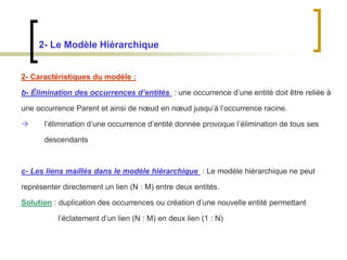 2- Le Modèle Hiérarchique
2- Caractéristiques du modèle :
b- Élimination des occurrences d’entités : une occurrence d’une entité doit être reliée à
une occurrence Parent et ainsi de nœud en nœud jusqu’à l’occurrence racine.
 l’élimination d’une occurrence d’entité donnée provoque l’élimination de tous ses
descendants
c- Les liens maillés dans le modèle hiérarchique : Le modèle hiérarchique ne peut
représenter directement un lien (N : M) entre deux entités.
Solution : duplication des occurrences ou création d’une nouvelle entité permettant
l’éclatement d’un lien (N : M) en deux lien (1 : N)
 