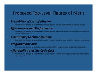 Proposed	
  Top-­‐Level	
  Figures	
  of	
  Merit	
  
•  Probability	
  of	
  Loss	
  of	
  Mission	
  
     •     Determine	
  the	
  degree	
  to	
  which	
  the	
  technology	
  op8ons	
  ensure	
  reliability	
  for	
  all	
  mission	
  phases	
  	
  

•  Eﬀec4veness	
  and	
  Performance	
  
     •     Determine	
  the	
  degree	
  to	
  which	
  the	
  technology	
  op8ons	
  eﬀec8vely	
  meet	
  mission	
  needs	
  and	
  improve	
  
           mission	
  performance	
  

•  Extensibility	
  to	
  Other	
  Missions	
  
     •     Determine	
  the	
  degree	
  to	
  which	
  the	
  technology	
  op8ons	
  could	
  be	
  used	
  for	
  other	
  missions	
  or	
  customers	
  

•  Programma4c	
  Risk	
  
     •     Determine	
  the	
  degree	
  to	
  which	
  technology	
  op8ons	
  aﬀect	
  programma8c	
  cost	
  and	
  schedule	
  risks	
  

•  Aﬀordability	
  and	
  Life	
  Cycle	
  Cost	
  	
  
     •     Determine	
  the	
  degree	
  to	
  which	
  the	
  technology	
  op8ons	
  reduce	
  technology/system	
  development	
  and	
  
           recurring	
  costs	
  
 