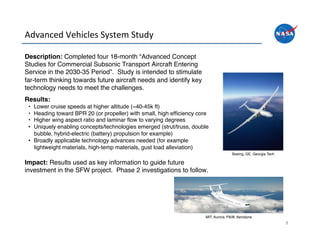 Advanced	
 Vehicles	
 System	
 Study	
 

Description: Completed four 18-month “Advanced Concept
Studies for Commercial Subsonic Transport Aircraft Entering
Service in the 2030-35 Period”. Study is intended to stimulate
far-term thinking towards future aircraft needs and identify key
technology needs to meet the challenges. !
Results:"
 •  Lower cruise speeds at higher altitude (~40-45k ft)!
 •  Heading toward BPR 20 (or propeller) with small, high efﬁciency core!
 •  Higher wing aspect ratio and laminar ﬂow to varying degrees!
 •  Uniquely enabling concepts/technologies emerged (strut/truss, double
    bubble, hybrid-electric (battery) propulsion for example)!
 •  Broadly applicable technology advances needed (for example
    lightweight materials, high-temp materials, gust load alleviation)!
                                                                                      Boeing, GE, Georgia Tech!

Impact: Results used as key information to guide future
investment in the SFW project. Phase 2 investigations to follow."




                                                                       MIT, Aurora, P&W, Aerodyne!
                                                                                                                  8	
 
 