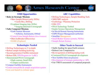 SMD Opportunities                                    ARC Capabilities
•  Roles in Strategic Missions                       •  Drilling Technologies, Sample Handling Tech.
       •  Mars Sample Return (early 2020s)           •  XRD/XRF analysis
              •  Cache Box, Drilling                 •  Exobiology / Planetary Protection
       •  Exoplanet Imaging (late 2020s)             •  EDL/TPS
              •  Imaging (Internal) Coronagraph      •  PIAA Technology Testbed
•  Fully Competed Missions                           •  Kepler Science Operations Management
       •  Earth Venture Missions                     •  In Situ & Remote Sensing Instruments
              •  Airborne, Instruments, Orbital      •  ESPO Project Management (airborne)
       •  Comet Coma Sample Return (New Frontiers)   •  SmallSat Management
       •  Mars IceBreaker (Discovery)                •  Small Bodies Science (comets, NEOs)
       •  DARE (Explorer)                            •  Sample Return Science

             Technologies Needed                               Other Needs to Succeed
•  Drilling Technologies to 2+m depth                •  Stable funding for space/Earth sciences
•  Robust sample handling/archiving                  •  Robust Core Competencies
•  Second-generation CheMin instrument               •  Re-invigoration of drilling/analog work
•  Robust EDL/TPS Program (w/ LaRC)                  •  Continued PIAA Coronagraph development
•  Demonstrated PIAA Coronagraph                     •  New EarthSci hires (in process)
       •  High contrast, Small IWA                   •  Development of strategic partnership w/ APL
       •  Compact architecture                       •  Fair TMCO assessment of competed proposals
•  Compact EarthSci Instruments
•  Comet coma probe & sample acquisition system
•  Low-cost launch to cislunar space
 