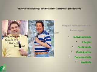 Importancia de la cirugia bariátrica: rol de la enfermera perioperatória




                                                                 Preparo Perioperatório de
                                                                            Enfermagem
Clique para editar os estilos do texto mestre
– Segundo nível                                                         •               Individualizada
– Terceiro nível
    • Quarto nível                                                                        •       Integral
        – Quinto nível
                                                                                    •         Continuada
                                                                                •            Participativa
                                                                            •           Documentada
                                                                                         •       Avaliada
 