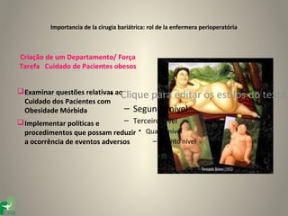 Importancia de la cirugia bariátrica: rol de la enfermera perioperatória



Criação de um Departamento/ Força
Tarefa Cuidado de Pacientes obesos


                            • Clique para editar
 Examinar questões relativas ao
                                                                     os estilos do texto
  Cuidado dos Pacientes com
  Obesidade Mórbida              – Segundo nível
 Implementar políticas e       – Terceiro nível
  procedimentos que possam reduzir • Quarto nível
  a ocorrência de eventos adversos      – Quinto nível
 