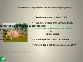Importancia de la cirugia bariátrica: rol de la enfermera perioperatória




                                 • Taxa de sobrepeso no Brasil: 7,6%

                                 • Taxa de sobrepeso em São Paulo: 14,7%
ra editar os estilos do texto mestre
                                 • Dia Nacional de Prevenção à Obesidade
o nível                                           ↓
nível                                         11 de outubro
to nível
Quinto nível                     • Consulta pública: até 15 de outubro

                                 • Portaria 492 e 493 de 31 de agosto de 2007


os estilos do texto mestre
 