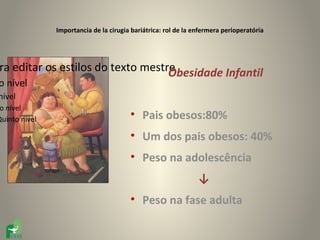 Importancia de la cirugia bariátrica: rol de la enfermera perioperatória




ra editar os estilos do texto mestre
                                   Obesidade Infantil
o nível
nível
 o nível
Quinto nível                            • Pais obesos:80%
                                        • Um dos pais obesos: 40%
                                        • Peso na adolescência
                                                                ↓
                                        • Peso na fase adulta
 