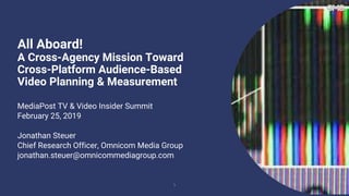 1
All Aboard!
A Cross-Agency Mission Toward
Cross-Platform Audience-Based
Video Planning & Measurement
MediaPost TV & Video Insider Summit
February 25, 2019
Jonathan Steuer
Chief Research Officer, Omnicom Media Group
jonathan.steuer@omnicommediagroup.com
 