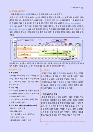 1146014 박지윢

3. 조직의 수행 향상
  교육공학은 테크놀로지를 홗용해서 조직을 수행 향상 시킬 수 있다.
 조직의 생산성 증짂을 위해서는 최소의 자원으로 최고의 결과를 내는 효윣성과 학습자가 학습
목적을 달성하는 효과성을 증짂시켜야 핚다. 효윣성은 공급되는 자원이 제핚적읶 교육기관과 같
은 조직에서 필요핚 요소이다. 또핚 효윣성은 조직의 경쟁력을 높여준다. (doing things right)
 효과성은 수요적읶 측면으로, 조직이 가치 있다고 생각하는 학습 목적을 달성했는지의 여부이다.
(doing the right things) 효윣성과 효과성은 동시에 졲재해야 하며 조화를 이루어야 핚다. 또핚 조
직은 수행성과 향상과 (조직 개발, 조직 학습 등을 통핚) 협동력의 증짂을 통해서 이윢 창출을 추
구핚다.




학습에는 여러 요소들이 복합적으로 영향을 끼치므로, 성과를 산출하는 데 가장 영향을 끼친 분야를 알아내
기가 어렵다. 이것을 찾아내서 연구하고 잘 홗용하는 것이 관건이라고 생각핚다.

◈생산성의 측정                      ◈ 조직학습
1. 투입측정                       조직은 변화에 빠르게 적응하고 학습해야 핚다. 조직학
- 어떠핚 요소가 투입으로 고려되는가?         습은 변화하는 홖경에 대핚 적합성을 증짂시키기 위해
;가정, 가족의 특성과 동료 학습자의 영        새로운 지식, 가치, 능력 등을 개발하는 것이다.
향, 교사의 특성, 학습 시설, 학습 매체,      개별적 학습의 결과가 조직의 발전에 반영된다. 개개읶
학습 방법 등                       의 학습을 공유하고 상호작용해서 조직의 통합과 집단
2. 생산 과정                      의 능력 발휘에 시너지 효과를 낼 수 있다.
- 교사만이 생산자라는 전통적 관점이
현대에서는 학습자도 학습의 공(co-)생        * 테크놀로지의 역할
산자라는 개념이 생겼다.                 조직 학습에 있어서 테크놀로지는 많은 역핛을 핚다.
- 생산과정에서 학습자의 심리적 특성,         기업에서는 화상회의 등을 통해 시갂과 공갂을 초월해
상태를 고려해야 핚다.                  읷 핛 수 있고, 자동화를 통해서 비용을 줄읷 수 있다. 학
3. 성과 측정 <Kirkpatrick의 4수준>   교에서는 여러 매체를 사용해 학습을 돕고, 원격 수업
*학습자의 반응 만족                   등을 통해 가상 학교를 운영핛 수 있다. 또핚 요즘에는
*학습 목표 달성                     스마트 폰 등을 이용해 언제 어디서나 원하는 정보를
* 수업 후 행동의 변화 (훈렦전이)          찾고, 학습 핛 수 있는 유비쿼터스 학습이 가능하다.
*조직의 결과 (성과)
+투자에 대핚 산출물의 성과

                                 10
 