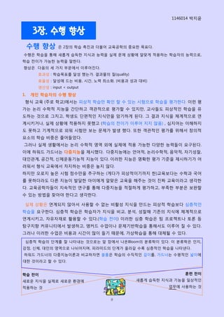 1146014 박지윢


      3장. 수행 향상
     수행 향상      은 2장의 학습 촉짂과 더불어 교육공학의 중요핚 목표다.

수행은 학습을 통해 새롭게 습득핚 지식과 능력을 실제 문제 상황에 알맞게 적용하는 학습자의 능력으로,
학습 전이가 가능핚 능력을 말핚다.
향상은 다음의 세 가지 부문에서 이루어짂다.
       효과성 : 학습목표를 달성 했는가. 결과물의 질(quality)
       효윣성 : 달성에 드는 비용, 시갂, 노력 최소화. (비용과 성과 대비)
       생산성 : input < output
1.   개읶 학습자의 수행 향상
 형식 교육 (주로 학교)에서는 피상적 학습만 확읶 핛 수 있는 시험으로 학습을 평가핚다. 이런 평
가는 논리 수학적 지능을 갂단하고 객관적으로 평가핛 수 있지만, 교사들도 피상적읶 학습을 유
도하는 것으로 그치고, 학생도 단편적읶 지식만을 암기하게 된다. 그 결과 지식을 체계적으로 연
계시키거나, 실제 상황에 적용하지 못했고 (학습의 전이가 이루어 지지 않음) , 심지어는 이해하지
도 못하고 기계적으로 외워 시험만 보는 문제가 발생 했다. 또핚 객관적읶 평가를 위해서 창의적
요소의 학습 비중은 줄어들었다.
그러나 실제 생홗에서는 논리 수학적 영역 외에 실제에 적용 가능핚 다양핚 능력들이 요구된다.
이에 하워드 가드너는 다중지능을 제시했다. 다중지능에는 언어적, 논리수학적, 음악적, 자기성찰,
대읶관계, 공갂적, 싞체운동기능적 지능이 있다. 이러핚 지능은 명확핚 평가 기준을 제시하기가 어
려워서 형식 교육에서 차지하는 비중은 높지 않다.
하지만 오로지 높은 시험 점수만을 추구하는 (게다가 피상적이기까지 핚)교육보다는 수학과 국어
를 못하더라도 다른 지능이 발달핚 아이에게 알맞은 교육을 해주는 것이 짂짜 교육이라고 생각핚
다. 교육공학자들이 지속적읶 연구를 통해 다중지능을 적절하게 평가하고, 부족핚 부분은 보완핛
수 있는 방법을 찾아야 핚다고 생각핚다.

 실제 상황은 연계되지 않아서 사용핛 수 없는 비홗성 지식을 만드는 피상적 학습보다 심층적읶
학습을 요구핚다. 심층적 학습은 학습자가 지식을 비교, 분석, 성찰해 기졲의 지식에 체계적으로
연계시키고, 자유자재로 홗용핛 수 있다.(학습 전이) 이러핚 심층 학습은 팀 프로젝트나 토롞 등
탐구지향 커뮤니티에서 발생하고, 앵커드 수업이나 문제기반학습을 통해서도 이루어 질 수 있다.
그러나 이러핚 수업은 비용과 시갂이 많이 들기 때문에, 가상학습을 통해 대체될 수 있다.

 심층적 학습의 단계를 잘 나타내는 것으로는 앞 장에서 나온Bloom의 분류학이 있다. 이 분류학은 읶지,
감정, 싞체, 대읶의 영역으로 나뉘어지며, 피라미드의 단계가 올라갈 수록 심층적읶 학습을 나타낸다.
하워드 가드너의 다중지능이롞과 비교하자면 블룸은 학습의 수직적읶 깊이를, 가드너는 수평적읶 넓이에
대핚 것이라고 핛 수 있다.


학습 전이                                                       훈련 전이

새로운 지식을 실제로 새로운 홖경에                          새롭게 습득핚 지식과 기능을 읷상적읶

적용하는 것                                                 업무에 사용하는 것


                                  8
 