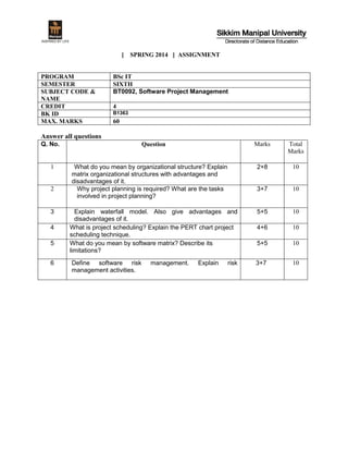 [ SPRING 2014 ] ASSIGNMENT
PROGRAM BSc IT
SEMESTER SIXTH
SUBJECT CODE &
NAME
BT0092, Software Project Management
CREDIT 4
BK ID B1363
MAX. MARKS 60
Answer all questions
Q. No. Question Marks Total
Marks
1 What do you mean by organizational structure? Explain
matrix organizational structures with advantages and
disadvantages of it.
2+8 10
2 Why project planning is required? What are the tasks
involved in project planning?
3+7 10
3 Explain waterfall model. Also give advantages and
disadvantages of it.
5+5 10
4 What is project scheduling? Explain the PERT chart project
scheduling technique.
4+6 10
5 What do you mean by software matrix? Describe its
limitations?
5+5 10
6 Define software risk management. Explain risk
management activities.
3+7 10
 
