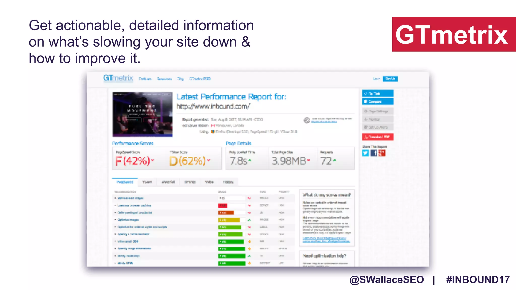 @SWallaceSEO | #INBOUND17
GTmetrix
Get actionable, detailed information
on what’s slowing your site down &
how to improve it.
 