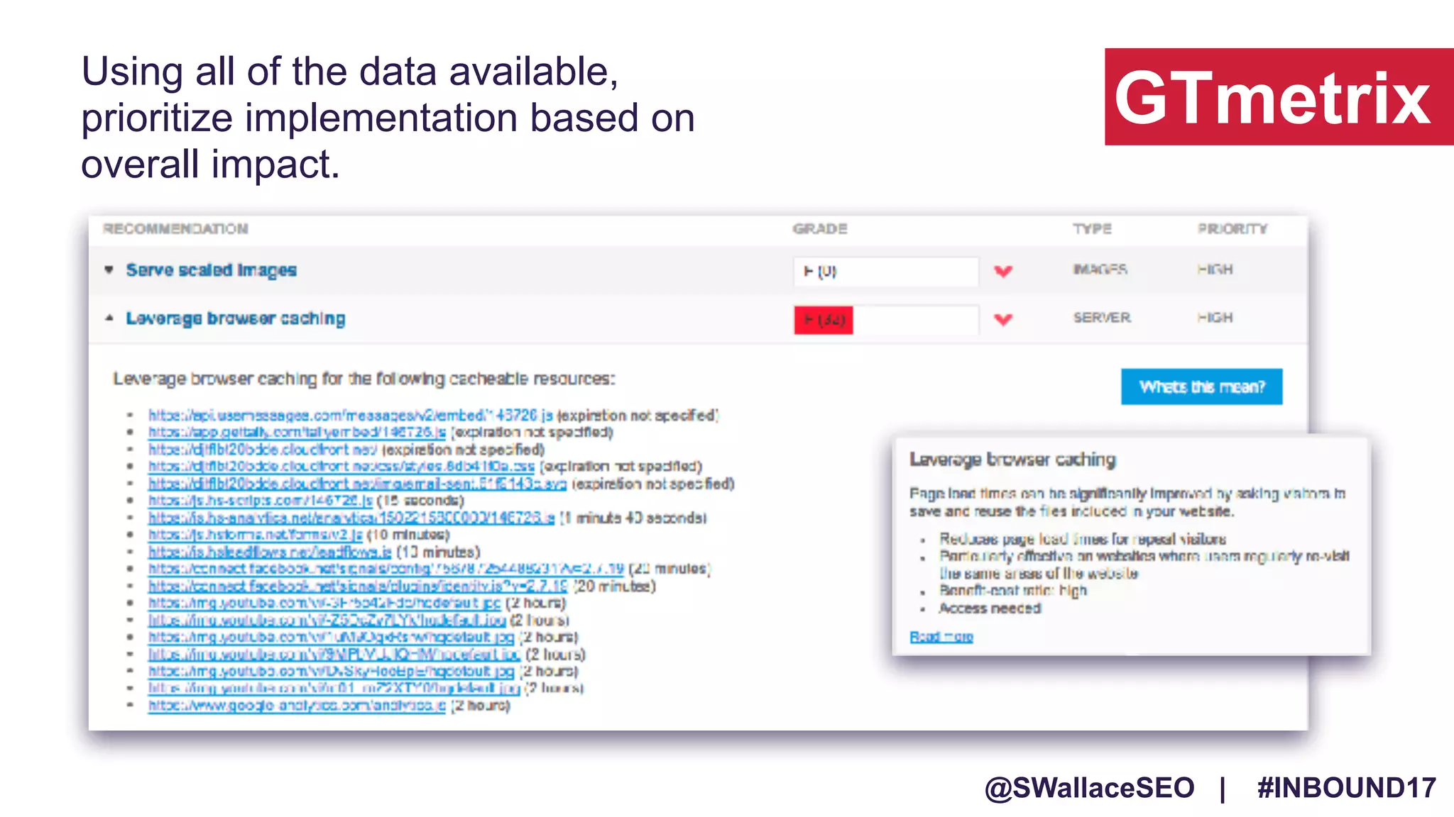 @SWallaceSEO | #INBOUND17
Using all of the data available,
prioritize implementation based on
overall impact.
GTmetrix
 