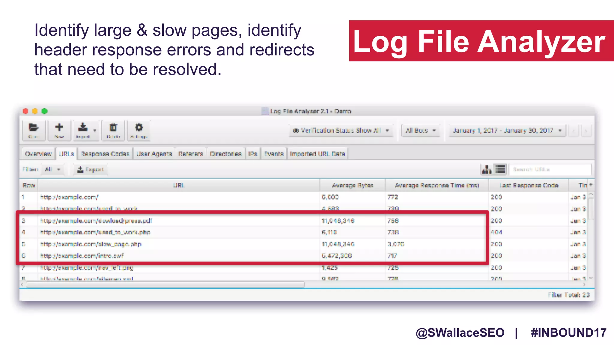 @SWallaceSEO | #INBOUND17
Identify large & slow pages, identify
header response errors and redirects
that need to be resolved.
Log File Analyzer
 
