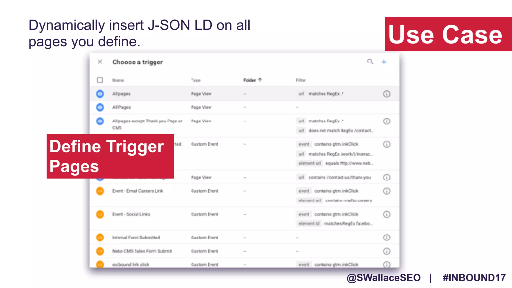 @SWallaceSEO | #INBOUND17
Use Case
Dynamically insert J-SON LD on all
pages you define.
Define Trigger
Pages
 