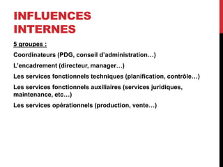 INFLUENCES
INTERNES
5 groupes :
Coordinateurs (PDG, conseil d’administration…)
L’encadrement (directeur, manager…)
Les services fonctionnels techniques (planification, contrôle…)
Les services fonctionnels auxiliaires (services juridiques,
maintenance, etc…)
Les services opérationnels (production, vente…)
 