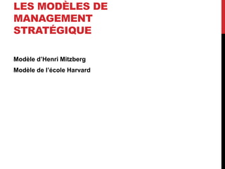 LES MODÈLES DE
MANAGEMENT
STRATÉGIQUE
Modèle d’Henri Mitzberg
Modèle de l’école Harvard
 