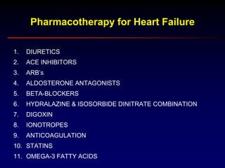 1. DIURETICS
2. ACE INHIBITORS
3. ARB’s
4. ALDOSTERONE ANTAGONISTS
5. BETA-BLOCKERS
6. HYDRALAZINE & ISOSORBIDE DINITRATE COMBINATION
7. DIGOXIN
8. IONOTROPES
9. ANTICOAGULATION
10. STATINS
11. OMEGA-3 FATTY ACIDS
Pharmacotherapy for Heart Failure
 