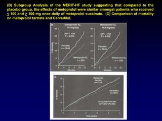 (B) Subgroup Analysis of the MERIT-HF study suggesting that compared to the
placebo group, the effects of metoprolol were similar amongst patients who received
< 100 and > 100 mg once daily of metoprolol succinate. (C) Comparison of mortality
on metoprolol tartrate and Carvedilol.
 