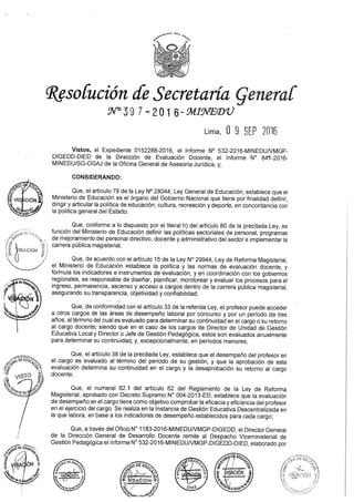R.D N° 397-2016-MINEDU.EVALUACIÓN DEL DESEMPEÑO EN CARGOS DIRECTIVOS DE UGEL - DRE .