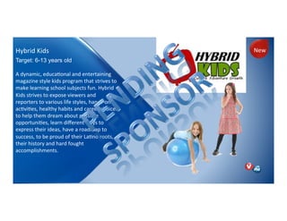 Target: 6-13 years old
A)dynamic,)educaNonal)and)entertaining)
magazine)style)kids)program)that)strives)to)
make)learning)school)subjects)fun.)Hybrid)
Kids)strives)to)expose)viewers)and)
reporters)to)various)life)styles,)handsPon)
acNviNes,)healthy)habits)and)career)choices)
to)help)them)dream)about)possible)
opportuniNes,)learn)diﬀerent)ways)to)
express)their)ideas,)have)a)roadmap)to)
success,)to)be)proud)of)their)LaNno)roots,)
their)history)and)hard)fought)
accomplishments.))
Hybrid)Kids) New)
 
