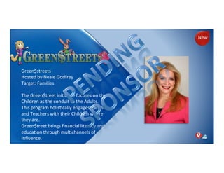Green$streets)
Hosted)by)Neale)Godfrey)
Target:)Families)
)
The)Green$treet)iniNaNve)focuses)on)the)
Children)as)the)conduit)to)the)Adults.)
This)program)holisNcally)engages)Parents)
and)Teachers)with)their)Children)where)
they)are.)
Green$treet)brings)ﬁnancial)literacy)and)
educaNon)through)mulNchannels)of)
inﬂuence.))
New)
 