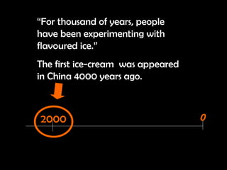 “ For thousand of years, people have been experimenting with flavoured ice.”  The first ice-cream  was appeared in China 4000 years ago. 0 2000 