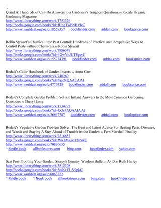 ~
Q and A: Hundreds of Can-Do Answers to a Gardener's Toughest Questions; by Rodale Organic
Gardening Magazine
http://www.librarything.com/work/1753376
http://books.google.com/books?id=fUogTwPNHVkC
http://www.worldcat.org/oclc/18559357    bookfinder.com    addall.com       booksprice.com


Robin Stewart’s Chemical Free Pest Control: Hundreds of Practical and Inexpensive Ways to
Control Pests without Chemicals; by Robin Stewart
http://www.librarything.com/work/7986349
http://books.google.com/books?id=4GwYoJUTEgwC
http://www.worldcat.org/oclc/155724391       bookfinder.com    addall.com     booksprice.com


Rodale's Color Handbook of Garden Insects; by Anna Carr
http://www.librarything.com/work/748260
http://books.google.com/books?id=8yjeNQAACAAJ
http://www.worldcat.org/oclc/4776728    bookfinder.com      addall.com     booksprice.com


Rodale's Complete Garden Problem Solver: Instant Answers to the Most Common Gardening
Questions; by Cheryl Long
http://www.librarything.com/work/1734793
http://books.google.com/books?id=QQs7AQAAIAAJ
http://www.worldcat.org/oclc/36647787    bookfinder.com      addall.com  booksprice.com


Rodale's Vegetable Garden Problem Solver: The Best and Latest Advice For Beating Pests, Diseases,
and Weeds and Staying A Step Ahead of Trouble in the Garden; by Fern Marshall Bradley
http://www.librarything.com/work/2516852
http://books.google.com/books?id=WKhVKocYN6wC
http://www.worldcat.org/oclc/70836655
~ Kindle book     allbookstores.com   bing.com       bookfinder.com      yahoo.com


Scat Pest-Proofing Your Garden: Storey's Country Wisdom Bulletin A-15; by Ruth Harley
http://www.librarything.com/work/5813308
http://books.google.com/books?id=VuKvF1-V9pkC
http://www.worldcat.org/oclc/6063322
~ Kindle book     ~ Nook book    allbookstores.com    bing.com     bookfinder.com
 