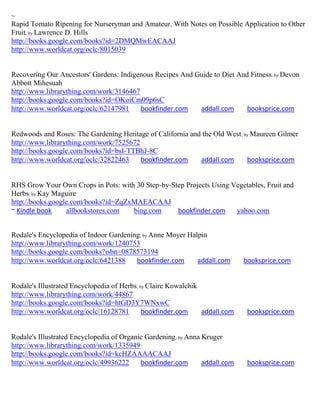~
Rapid Tomato Ripening for Nurseryman and Amateur. With Notes on Possible Application to Other
Fruit; by Lawrence D. Hills
http://books.google.com/books?id=2DMQMwEACAAJ
http://www.worldcat.org/oclc/8015039


Recovering Our Ancestors' Gardens: Indigenous Recipes And Guide to Diet And Fitness; by Devon
Abbott Mihesuah
http://www.librarything.com/work/3146467
http://books.google.com/books?id=OKoiCm09p6sC
http://www.worldcat.org/oclc/62147981    bookfinder.com    addall.com      booksprice.com


Redwoods and Roses: The Gardening Heritage of California and the Old West ; by Maureen Gilmer
http://www.librarything.com/work/7525672
http://books.google.com/books?id=bsI-TTBhJ-8C
http://www.worldcat.org/oclc/32822463    bookfinder.com     addall.com       booksprice.com


RHS Grow Your Own Crops in Pots: with 30 Step-by-Step Projects Using Vegetables, Fruit and
Herbs; by Kay Maguire
http://books.google.com/books?id=ZqZxMAEACAAJ
~ Kindle book     allbookstores.com  bing.com      bookfinder.com     yahoo.com


Rodale's Encyclopedia of Indoor Gardening; by Anne Moyer Halpin
http://www.librarything.com/work/1240753
http://books.google.com/books?isbn=0878573194
http://www.worldcat.org/oclc/6421388    bookfinder.com      addall.com       booksprice.com


Rodale's Illustrated Encyclopedia of Herbs; by Claire Kowalchik
http://www.librarything.com/work/44867
http://books.google.com/books?id=htGD3Y7WNxwC
http://www.worldcat.org/oclc/16128781        bookfinder.com     addall.com    booksprice.com


Rodale's Illustrated Encyclopedia of Organic Gardening; by Anna Kruger
http://www.librarything.com/work/1335949
http://books.google.com/books?id=kcHZAAAACAAJ
http://www.worldcat.org/oclc/49936222      bookfinder.com       addall.com    booksprice.com
 