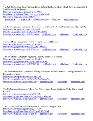 ~
The Self-Sufficiency Bible: Window Boxes to Smallholdings - Hundreds of Ways to Become Self-
Sufficient; by Simon Dawson
http://www.librarything.com/work/12309935
http://books.google.com/books?id=J4_LQgAACAAJ
http://www.worldcat.org/oclc/805397174
~ Kindle book       ~ Nook book  allbookstores.com    bing.com    bookfinder.com


The Socio-Economic Causes and Consequences of Desertification in Central Asia; by Roy Behnke
http://www.librarything.com/work/8740971
http://books.google.com/books?id=dEM0J1Iyhy0C
http://www.worldcat.org/oclc/272298646   bookfinder.com      addall.com      booksprice.com


The Ten-Minute Gardener's Fruit-Growing Diary; by Val Bourne
http://www.librarything.com/work/11834016
http://books.google.com/books?id=Ziz9cYpzFQ4C
http://www.worldcat.org/oclc/751788965    bookfinder.com     addall.com      booksprice.com


The Ten-Minute Gardener's Vegetable-Growing Diary; by Val Bourne
http://www.librarything.com/work/11834015
http://books.google.com/books?id=h_SriF7MoUwC
http://www.worldcat.org/oclc/751788970    bookfinder.com     addall.com      booksprice.com


The Terrace Gardener's Handbook: Raising Plants on a Balcony, Terrace, Rooftop, Penthouse or
Patio; by Linda Yang
http://www.librarything.com/work/1691339
http://books.google.com/books?id=zQhIAAAAYAAJ
http://www.worldcat.org/oclc/1054140    bookfinder.com      addall.com     booksprice.com


The Underground Gardener: A Low Cost Way to Year-Round Gardening Under Glass; by Jack
Kramer
http://www.librarything.com/work/8050041
http://books.google.com/books?id=WmElAQAAMAAJ
http://www.worldcat.org/oclc/2035186   bookfinder.com  addall.com    booksprice.com


The Vegetable Finder, United Kingdom; by Lawrence Donegan Hills
http://www.librarything.com/work/2418689
http://books.google.com/books?id=F1-eAQAACAAJ
http://www.worldcat.org/oclc/3765910     bookfinder.com   addall.com       booksprice.com
 