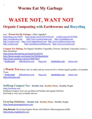 ~

                 Worms Eat My Garbage

      WASTE NOT, WANT NOT
Organic Composting with Earthworms and Recycling

book: Worms Eat My Garbage; by Mary Appelhof
librarything.com/129657   books.google.com/Z-FjPwAACAAJ        worldcat.org/oclc/9210284
http://wormbooks.com      http://www.wormwoman.com http://wormdigest.org
http://vermico.com http://www.happydranch.com http://www.rainbowworms.com
http://worms.com       http://unclejimswormfarm.com http://www.nyworms.com

Compost Tea Making: For Organic Healthier Vegetables, Flowers, Orchards, Vineyards, Lawns; by
Marc Remillard
http://www.librarything.com/work/11197572
http://books.google.com/books?id=PZHObwAACAAJ
http://www.worldcat.org/oclc/744677817
~ Kindle book    allbookstores.com   bing.com      bookfinder.com     yahoo.com


A Worm Tea Primer: how to make and use worm tea for a vibrant organic garden; by Cassandra
Truax
~ Kindle book    allbookstores.com bing.com  bookfinder.com       yahoo.com
http://vermico.com



SoilSoup Compost Tea ~ Healthy Soil,             Healthy Plants, Healthy People
http://soilsoup.com
SoilSoup Compost Tea is an excellent soil builder and organic fertilizer.
Soil Soup is very easy to handle and use.



Growing Solutions ~ Healthy Soil,          Healthy Plants, Healthy People
http://www.growingsolutions.com

Zing Bokashi: Recycling Organic Waste with Effective Microorganisms (EM)
http://www.zingbokashi.co.nz
 