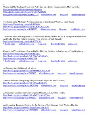 ~
Worms Eat Our Garbage: Classroom Activities for a Better Environment; by Mary Appelhof
http://www.librarything.com/work/4048089
http://books.google.com/books?id=vI-ihPW04c8C
http://www.worldcat.org/oclc/28532138 allbookstores.com        bing.com      bookfinder.com


The Worm Cafe: Mid-scale Vermicomposting of Lunchroom Wastes; by Binet Payne
http://www.librarything.com/work/1124844
http://books.google.com/books?id=IsUKAAAACAAJ
http://www.worldcat.org/oclc/41343935    allbookstores.com bing.com      bookfinder.com


The Worm Book For Beginners: A Vermiculture Starter or How To Be A Backyard Worm Farmer
And Make The Best Natural Compost From Worms; by Frank Randall
http://www.librarything.com/work/12326569
~ Kindle book     allbookstores.com   bing.com      bookfinder.com   yahoo.com


Commercial Vermiculture: How to Build a Thriving Business in Redworms ; by Peter Bogdanov
http://www.librarything.com/work/8602513
http://books.google.com/books?id=3SrcAAAACAAJ
http://www.worldcat.org/oclc/38410758
~ Kindle book     allbookstores.com   bing.com      bookfinder.com      yahoo.com


A-Worming We Did Go; by Ruth Myers
http://books.google.com/books?id=Mx8MuwAACAAJ
http://www.worldcat.org/oclc/2385483 allbookstores.com      bing.com     bookfinder.com


A Guide to Worm Composting: Help Nature to Help You, New Zealand;
http://books.google.com/books?id=ofJuYgEACAAJ
http://www.worldcat.org/oclc/154272498 allbookstores.com   bing.com         bookfinder.com


A Manual on Compost and Other Organic Manures; by R. Krishna Murthy
http://books.google.com/books?id=vWVCAAAAYAAJ
http://www.worldcat.org/oclc/4331209 allbookstores.com      bing.com     bookfinder.com


An Ecological Treatment System for the Re-Use of Bio-Digested Food Waste; by Hui Lin
http://books.google.com/books?id=lpWnuAAACAAJ
http://www.worldcat.org/oclc/671765100 allbookstores.com       bing.com      bookfinder.com
 