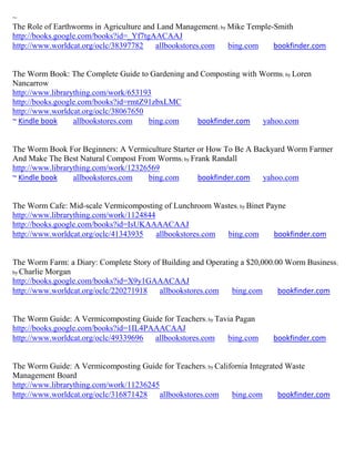~
The Role of Earthworms in Agriculture and Land Management; by Mike Temple-Smith
http://books.google.com/books?id=_Yf7tgAACAAJ
http://www.worldcat.org/oclc/38397782    allbookstores.com    bing.com    bookfinder.com


The Worm Book: The Complete Guide to Gardening and Composting with Worms; by Loren
Nancarrow
http://www.librarything.com/work/653193
http://books.google.com/books?id=rmtZ91zbxLMC
http://www.worldcat.org/oclc/38067650
~ Kindle book     allbookstores.com   bing.com    bookfinder.com    yahoo.com


The Worm Book For Beginners: A Vermiculture Starter or How To Be A Backyard Worm Farmer
And Make The Best Natural Compost From Worms; by Frank Randall
http://www.librarything.com/work/12326569
~ Kindle book     allbookstores.com   bing.com      bookfinder.com   yahoo.com


The Worm Cafe: Mid-scale Vermicomposting of Lunchroom Wastes; by Binet Payne
http://www.librarything.com/work/1124844
http://books.google.com/books?id=IsUKAAAACAAJ
http://www.worldcat.org/oclc/41343935    allbookstores.com bing.com      bookfinder.com


The Worm Farm: a Diary: Complete Story of Building and Operating a $20,000.00 Worm Business ;
by Charlie Morgan
http://books.google.com/books?id=X9y1GAAACAAJ
http://www.worldcat.org/oclc/220271918   allbookstores.com    bing.com      bookfinder.com


The Worm Guide: A Vermicomposting Guide for Teachers; by Tavia Pagan
http://books.google.com/books?id=1IL4PAAACAAJ
http://www.worldcat.org/oclc/49339696  allbookstores.com    bing.com      bookfinder.com


The Worm Guide: A Vermicomposting Guide for Teachers; by California Integrated Waste
Management Board
http://www.librarything.com/work/11236245
http://www.worldcat.org/oclc/316871428    allbookstores.com   bing.com       bookfinder.com
 