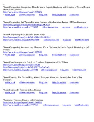 ~
Worm Composting: Composting Ideas for use in Organic Gardening and Growing of Vegetables and
Herbs; by Jack Pollard
http://www.librarything.com/work/13551292
~ Kindle book       allbookstores.com bing.com      bookfinder.com    yahoo.com


Worm Composting: Let Worms Eat Your Garbage; by San Francisco League of Urban Gardeners
http://books.google.com/books?id=NbHzPgAACAAJ
http://www.worldcat.org/oclc/47728382   allbookstores.com    bing.com     bookfinder.com


Worm Composting Bin; by Suzanne Smith Hirrel
http://books.google.com/books?id=oBQhHQAACAAJ
http://www.worldcat.org/oclc/029239848     allbookstores.com     bing.com      bookfinder.com


Worm Composting: Woodworking Plans and Worm Bin Ideas for Use in Organic Gardening ; by Jack
Pollard
http://www.librarything.com/work/13552900
~ Kindle book     allbookstores.com   bing.com  bookfinder.com      yahoo.com


Worm Farm Management: Practices, Principles, Procedures; by Eric Wilson
http://www.librarything.com/work/599056
http://books.google.com/books?id=6DkPAAAACAAJ
http://www.worldcat.org/oclc/42277941   allbookstores.com       bing.com     bookfinder.com


Worm Farming: The Fun and Easy Way to Turn your Waste into Amazing Fertilizer; by Kay
Summers
~ Kindle book  allbookstores.com    bing.com     bookfinder.com     yahoo.com


Worm Farming by Kids for Kids; by Hannah
~ Kindle book  allbookstores.com       bing.com       bookfinder.com       yahoo.com


Wormania: Teaching Guide; by Caton Gauthier
http://www.librarything.com/work/12349310
http://www.worldcat.org/oclc/33927566       allbookstores.com    bing.com      bookfinder.com
 