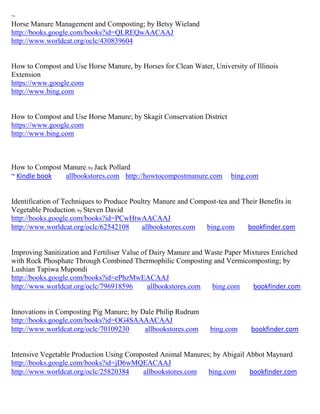 ~
Horse Manure Management and Composting; by Betsy Wieland
http://books.google.com/books?id=QLREQwAACAAJ
http://www.worldcat.org/oclc/430839604


How to Compost and Use Horse Manure, by Horses for Clean Water, University of Illinois
Extension
https://www.google.com
http://www.bing.com


How to Compost and Use Horse Manure; by Skagit Conservation District
https://www.google.com
http://www.bing.com



How to Compost Manure; by Jack Pollard
~ Kindle book  allbookstores.com http://howtocompostmanure.com         bing.com


Identification of Techniques to Produce Poultry Manure and Compost-tea and Their Benefits in
Vegetable Production; by Steven David
http://books.google.com/books?id=PCwHtwAACAAJ
http://www.worldcat.org/oclc/62542108       allbookstores.com  bing.com      bookfinder.com


Improving Sanitization and Fertiliser Value of Dairy Manure and Waste Paper Mixtures Enriched
with Rock Phosphate Through Combined Thermophilic Composting and Vermicomposting; by
Lushian Tapiwa Mupondi
http://books.google.com/books?id=ePhzMwEACAAJ
http://www.worldcat.org/oclc/796918596        allbookstores.com  bing.com      bookfinder.com


Innovations in Composting Pig Manure; by Dale Philip Rudrum
http://books.google.com/books?id=OG4SAAAACAAJ
http://www.worldcat.org/oclc/70109230     allbookstores.com     bing.com     bookfinder.com


Intensive Vegetable Production Using Composted Animal Manures; by Abigail Abbot Maynard
http://books.google.com/books?id=jD6wMQEACAAJ
http://www.worldcat.org/oclc/25820384    allbookstores.com   bing.com      bookfinder.com
 