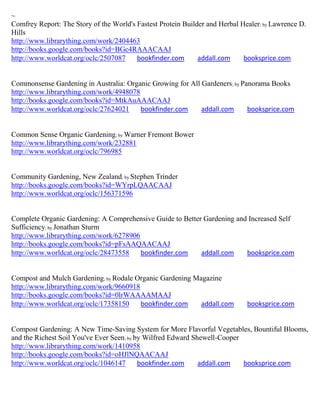 ~
Comfrey Report: The Story of the World's Fastest Protein Builder and Herbal Healer; by Lawrence D.
Hills
http://www.librarything.com/work/2404463
http://books.google.com/books?id=BGc4RAAACAAJ
http://www.worldcat.org/oclc/2507087     bookfinder.com       addall.com     booksprice.com


Commonsense Gardening in Australia: Organic Growing for All Gardeners ; by Panorama Books
http://www.librarything.com/work/4948078
http://books.google.com/books?id=MtkAuAAACAAJ
http://www.worldcat.org/oclc/27624021    bookfinder.com     addall.com       booksprice.com


Common Sense Organic Gardening; by Warner Fremont Bower
http://www.librarything.com/work/232881
http://www.worldcat.org/oclc/796985


Community Gardening, New Zealand; by Stephen Trinder
http://books.google.com/books?id=WYrpLQAACAAJ
http://www.worldcat.org/oclc/156371596


Complete Organic Gardening: A Comprehensive Guide to Better Gardening and Increased Self
Sufficiency; by Jonathan Sturm
http://www.librarything.com/work/6278906
http://books.google.com/books?id=pFsAAQAACAAJ
http://www.worldcat.org/oclc/28473558    bookfinder.com    addall.com    booksprice.com


Compost and Mulch Gardening; by Rodale Organic Gardening Magazine
http://www.librarything.com/work/9660918
http://books.google.com/books?id=0lrWAAAAMAAJ
http://www.worldcat.org/oclc/17358150    bookfinder.com    addall.com         booksprice.com


Compost Gardening: A New Time-Saving System for More Flavorful Vegetables, Bountiful Blooms,
and the Richest Soil You've Ever Seen; by by Wilfred Edward Shewell-Cooper
http://www.librarything.com/work/1410958
http://books.google.com/books?id=oHJlNQAACAAJ
http://www.worldcat.org/oclc/1046147       bookfinder.com     addall.com   booksprice.com
 