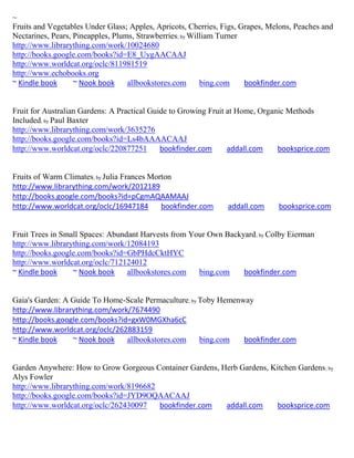 ~
Fruits and Vegetables Under Glass; Apples, Apricots, Cherries, Figs, Grapes, Melons, Peaches and
Nectarines, Pears, Pineapples, Plums, Strawberries; by William Turner
http://www.librarything.com/work/10024680
http://books.google.com/books?id=E8_UygAACAAJ
http://www.worldcat.org/oclc/811981519
http://www.echobooks.org
~ Kindle book      ~ Nook book     allbookstores.com      bing.com    bookfinder.com


Fruit for Australian Gardens: A Practical Guide to Growing Fruit at Home, Organic Methods
Included; by Paul Baxter
http://www.librarything.com/work/3635276
http://books.google.com/books?id=Ls4bAAAACAAJ
http://www.worldcat.org/oclc/220877251       bookfinder.com      addall.com    booksprice.com


Fruits of Warm Climates; by Julia Frances Morton
http://www.librarything.com/work/2012189
http://books.google.com/books?id=pCgmAQAAMAAJ
http://www.worldcat.org/oclc/16947184        bookfinder.com     addall.com     booksprice.com


Fruit Trees in Small Spaces: Abundant Harvests from Your Own Backyard ; by Colby Eierman
http://www.librarything.com/work/12084193
http://books.google.com/books?id=GbPHdcCktHYC
http://www.worldcat.org/oclc/712124012
~ Kindle book     ~ Nook book     allbookstores.com   bing.com    bookfinder.com


Gaia's Garden: A Guide To Home-Scale Permaculture; by Toby Hemenway
http://www.librarything.com/work/7674490
http://books.google.com/books?id=gxW0MGXha6cC
http://www.worldcat.org/oclc/262883159
~ Kindle book    ~ Nook book    allbookstores.com     bing.com   bookfinder.com


Garden Anywhere: How to Grow Gorgeous Container Gardens, Herb Gardens, Kitchen Gardens ; by
Alys Fowler
http://www.librarything.com/work/8196682
http://books.google.com/books?id=JYD9OQAACAAJ
http://www.worldcat.org/oclc/262430097   bookfinder.com   addall.com    booksprice.com
 