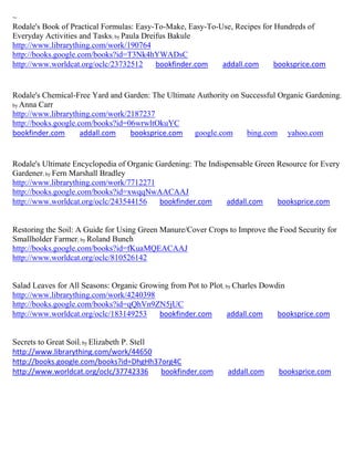 ~
Rodale's Book of Practical Formulas: Easy-To-Make, Easy-To-Use, Recipes for Hundreds of
Everyday Activities and Tasks; by Paula Dreifus Bakule
http://www.librarything.com/work/190764
http://books.google.com/books?id=T3Nk4hYWADsC
http://www.worldcat.org/oclc/23732512       bookfinder.com  addall.com      booksprice.com


Rodale's Chemical-Free Yard and Garden: The Ultimate Authority on Successful Organic Gardening;
by Anna Carr
http://www.librarything.com/work/2187237
http://books.google.com/books?id=06wrwltOkuYC
bookfinder.com       addall.com   booksprice.com google.com        bing.com yahoo.com


Rodale's Ultimate Encyclopedia of Organic Gardening: The Indispensable Green Resource for Every
Gardener; by Fern Marshall Bradley
http://www.librarything.com/work/7712271
http://books.google.com/books?id=xwqqNwAACAAJ
http://www.worldcat.org/oclc/243544156     bookfinder.com     addall.com     booksprice.com


Restoring the Soil: A Guide for Using Green Manure/Cover Crops to Improve the Food Security for
Smallholder Farmer; by Roland Bunch
http://books.google.com/books?id=fKuaMQEACAAJ
http://www.worldcat.org/oclc/810526142


Salad Leaves for All Seasons: Organic Growing from Pot to Plot; by Charles Dowdin
http://www.librarything.com/work/4240398
http://books.google.com/books?id=qQhVn9ZN5jUC
http://www.worldcat.org/oclc/183149253     bookfinder.com       addall.com     booksprice.com


Secrets to Great Soil; by Elizabeth P. Stell
http://www.librarything.com/work/44650
http://books.google.com/books?id=DhgHh37org4C
http://www.worldcat.org/oclc/37742336        bookfinder.com    addall.com     booksprice.com
 