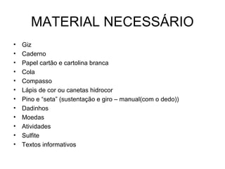MATERIAL NECESSÁRIO
• Giz
• Caderno
• Papel cartão e cartolina branca
• Cola
• Compasso
• Lápis de cor ou canetas hidrocor
• Pino e “seta” (sustentação e giro – manual(com o dedo))
• Dadinhos
• Moedas
• Atividades
• Sulfite
• Textos informativos
 