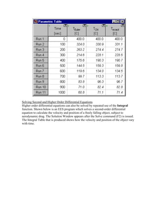 Solving Second and Higher Order Differential Equations
Higher order differential equations can also be solved by repeated use of the Integral
function. Shown below is an EES program which solves a second-order differential
equation to calculate the velocity and position of a freely falling object, subject to
aerodynamic drag. The Solution Window appears after the Solve command (F2) is issued.
The Integral Table that is produced shows how the velocity and position of the object vary
with time.
 