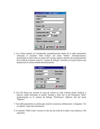 5. Los valores pueden ser introducidos automáticamente dentro de la tabla paramétrica
utilizando el comando "Alter Values" del menú "Tables". Alternativamente,
presionando el ratón sobre el control del extremo superior derecho del encabezamiento
de la celda de columna, traerá la "ventana de diálogo" mostrada en la parte inferior que
proporciona la misma entrada automáticamente.
6. Una fila Suma que muestra la suma de valores en cada columna puede ocultarse o
hacerse visible utilizando el control "Include a Sum row in the Parametric Table"
proporcionado en la ventana de diálogo "Preferences" (Options tab) del menú
"Options".
7. Una tabla paramétrica se utiliza para resolver ecuaciones diferenciales o integrales. Ver
el capítulo 7 para más información.
8. La función "Table Value" retorna el valor de una celda de la tabla a una columna o fila
específica.
 