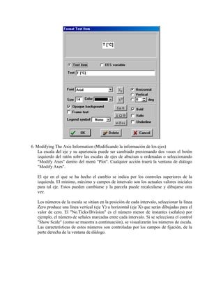 6. Modifying The Axis Information (Modificando la información de los ejes)
La escala del eje y su apariencia puede ser cambiado presionando dos veces el botón
izquierdo del ratón sobre las escalas de ejes de abscisas u ordenadas o seleccionando
"Modify Axes" dentro del menú "Plot". Cualquier acción traerá la ventana de diálogo
"Modify Axes".
El eje en el que se ha hecho el cambio se indica por los controles superiores de la
izquierda. El mínimo, máximo y campos de intervalo son los actuales valores iniciales
para tal eje. Estos pueden cambiarse y la parcela puede recalcularse y dibujarse otra
vez.
Los números de la escala se sitúan en la posición de cada intervalo, seleccionar la línea
Zero produce una línea vertical (eje Y) u horizontal (eje X) que serán dibujadas para el
valor de cero. El "No.Ticks/Division" es el número menor de instantes (señales) por
ejemplo, el número de señales marcadas entre cada intervalo. Si se selecciona el control
"Show Scale" (como se muestra a continuación), se visualizarán los números de escala.
Las características de estos números son controladas por los campos de fijación, de la
parte derecha de la ventana de diálogo.
 