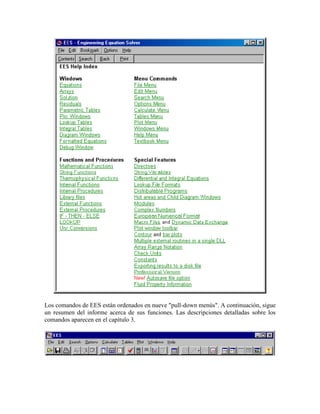 Los comandos de EES están ordenados en nueve "pull-down menús". A continuación, sigue
un resumen del informe acerca de sus funciones. Las descripciones detalladas sobre los
comandos aparecen en el capítulo 3.
 