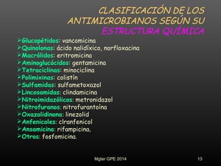 CLASIFICACIÓN DE LOS
ANTIMICROBIANOS SEGÚN SU
ESTRUCTURA QUÍMICA
Glucopétidos: vancomicina
Quinolonas: ácido nalidíxico, norfloxacina
Macrólidos: eritromicina
Aminoglucócidos: gentamicina
Tetraciclinas: minociclina
Polimixinas: colistín
Sulfamidas: sulfametoxazol
Lincosamidas: clindamicina
Nitroimidazólicos: metronidazol
Nitrofuranos: nitrofurantoína
Oxazolidinona: linezolid
Anfenicoles: clranfenicol
Ansamicina: rifampicina,
Otros: fosfomicina.
13Mgter GPE 2014
 