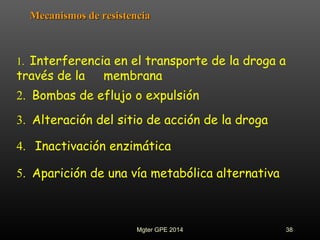 Mecanismos de resistenciaMecanismos de resistencia
1. Interferencia en el transporte de la droga a
través de la membrana
2. Bombas de eflujo o expulsión
3. Alteración del sitio de acción de la droga
4. Inactivación enzimática
5. Aparición de una vía metabólica alternativa
38Mgter GPE 2014
 